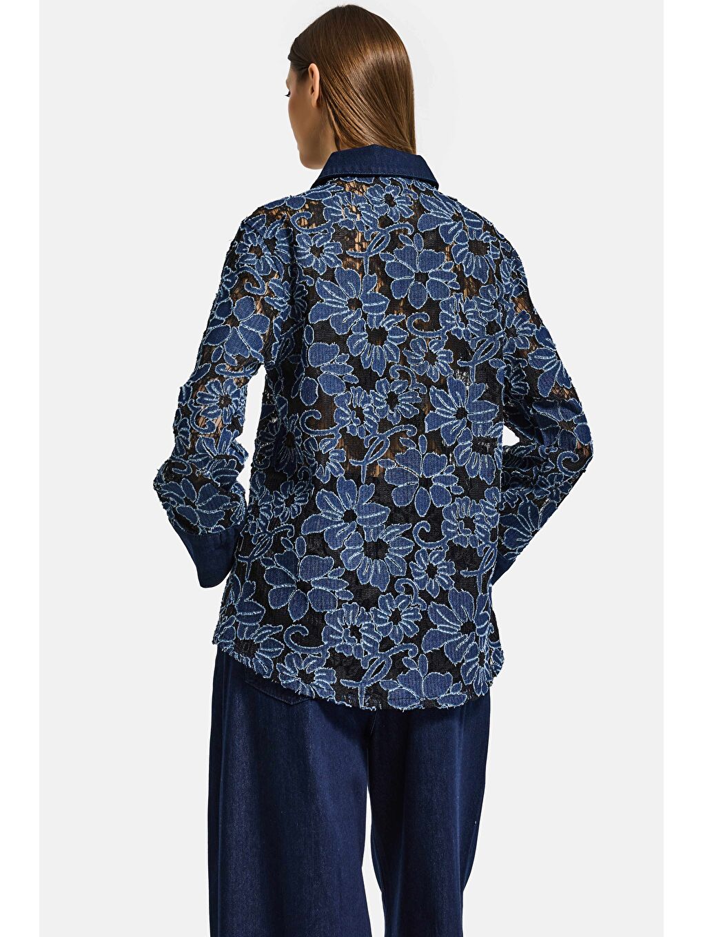 Kadın İndigo Selvedge 7s6-50 Oversize Dantel Nakış Çiçek Detaylı Özel Tasarım Denim Ceket-3