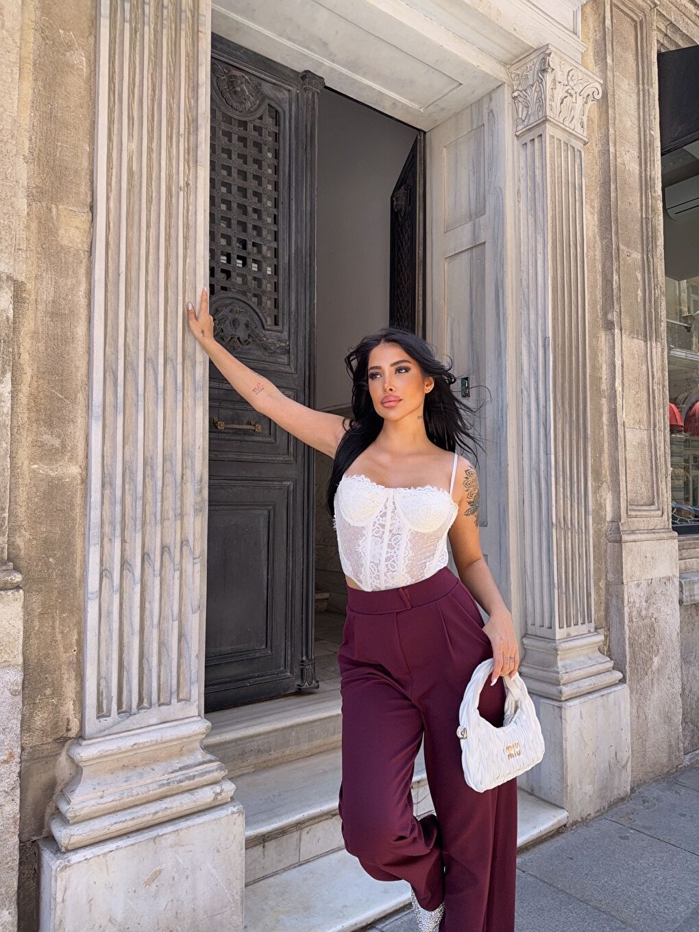 Bordo Elastanlı Cırtlı Palazzo Pantolon-2