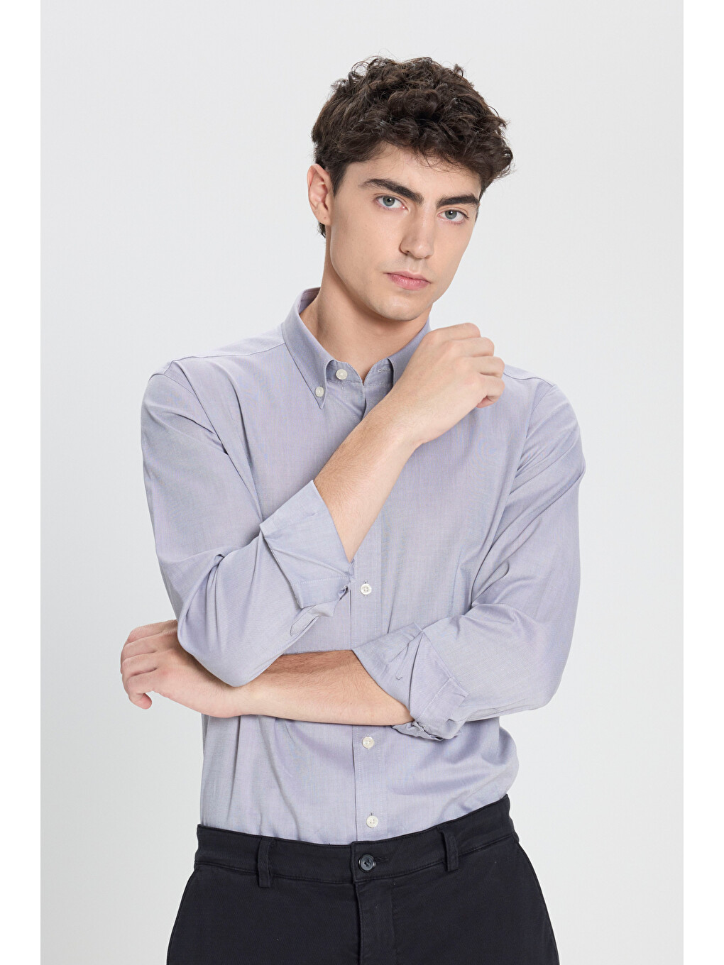 Erkek Siyah %100 Pvamuk Slim Fit Dar Kesim Düğmeli Yaka Oxford Gömlek-3