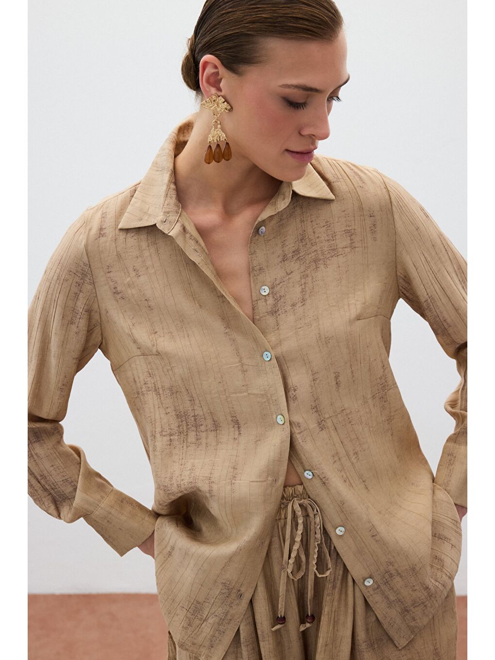 Kahverengi Desenli Salaş Gömlek - Camel-4