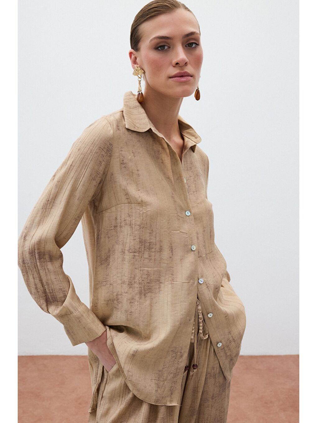 Kahverengi Desenli Salaş Gömlek - Camel-5