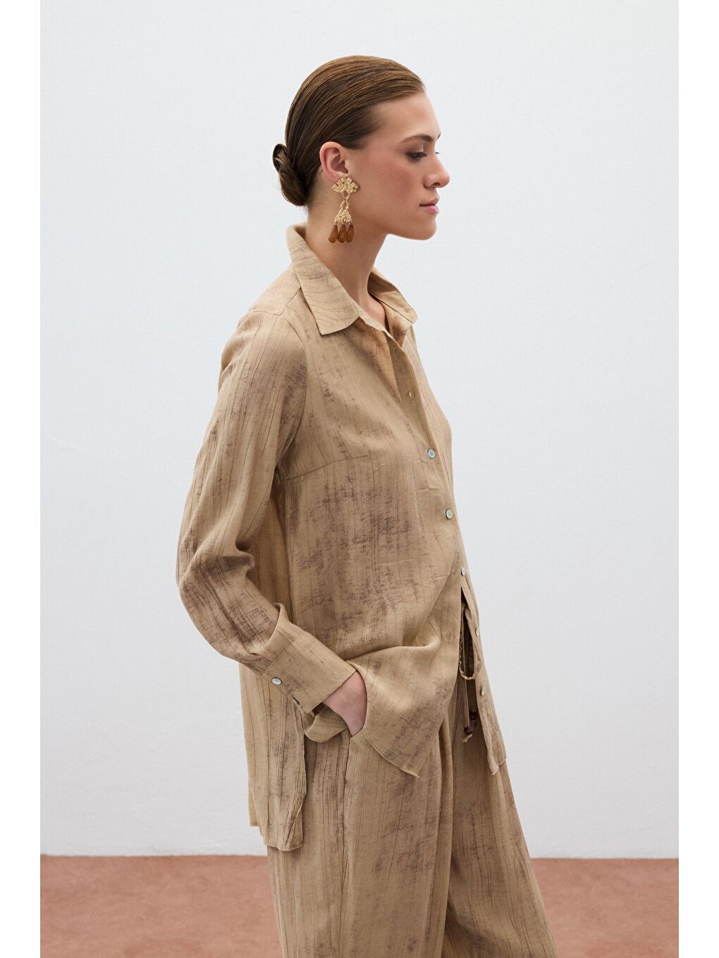 Kahverengi Desenli Salaş Gömlek - Camel-6