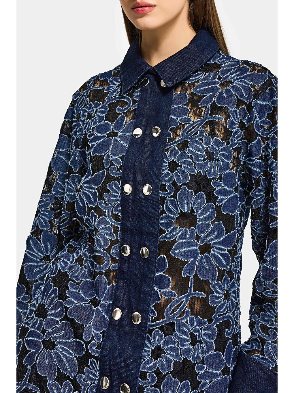 Kadın İndigo Selvedge 7s6-50 Oversize Dantel Nakış Çiçek Detaylı Özel Tasarım Denim Ceket-5