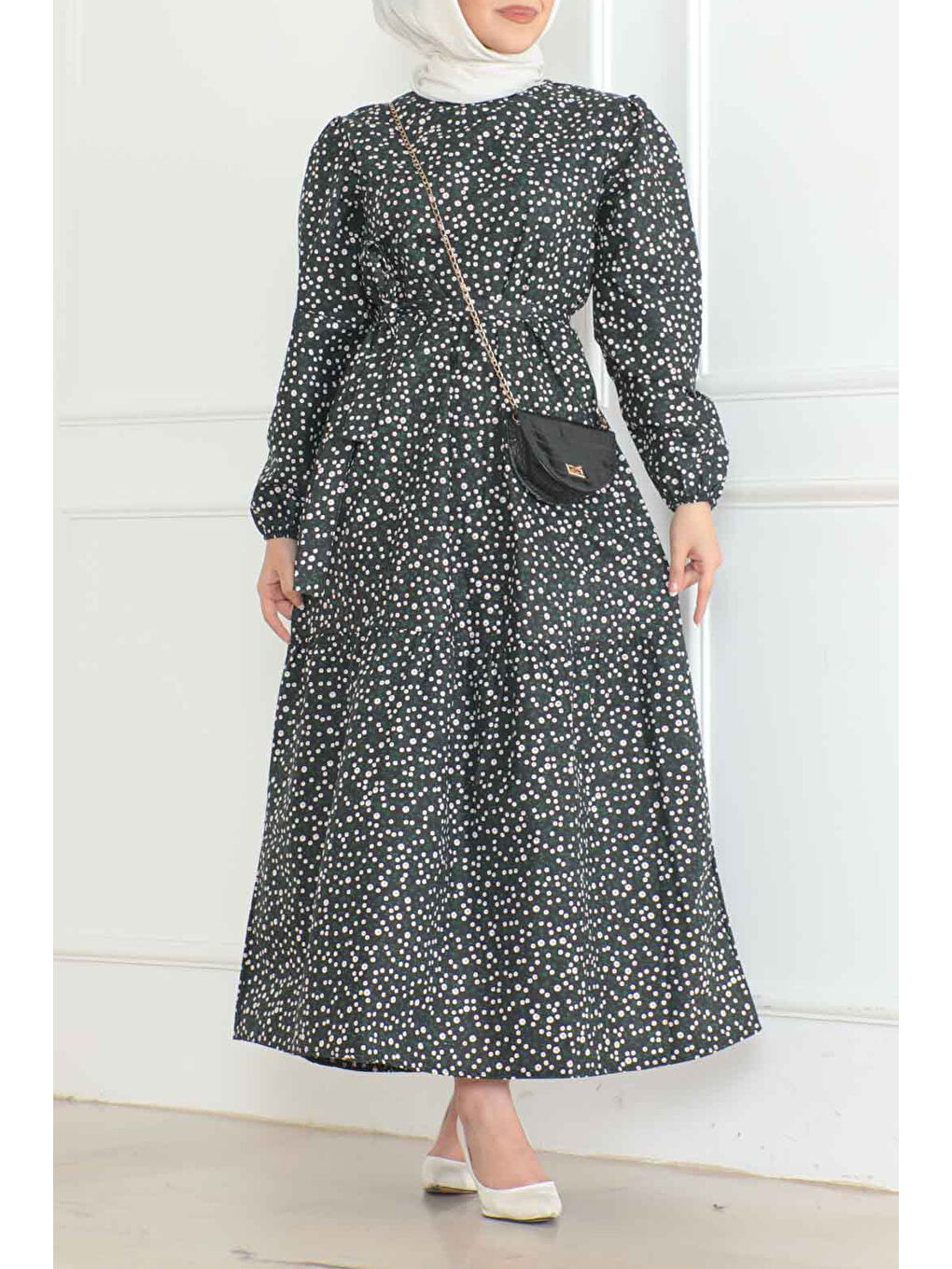 Desenli Kolu Büzgülü Elbise Siyah - 26623