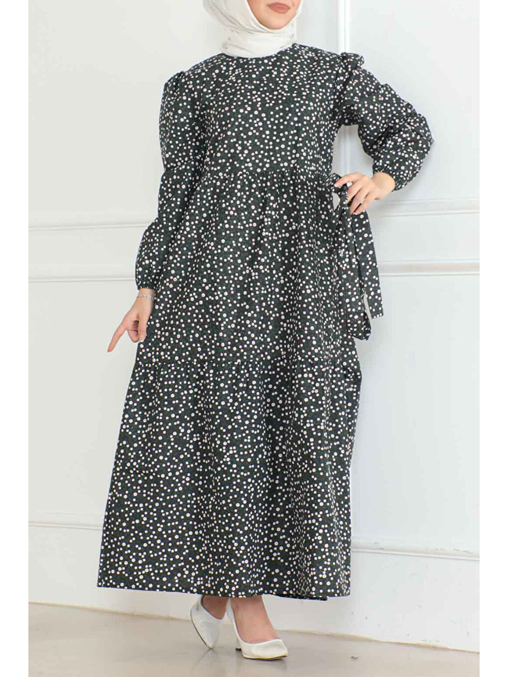 Desenli Kolu Büzgülü Elbise Siyah - 26623-1