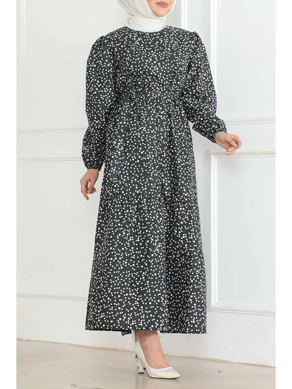 Desenli Kolu Büzgülü Elbise Siyah - 26623-2