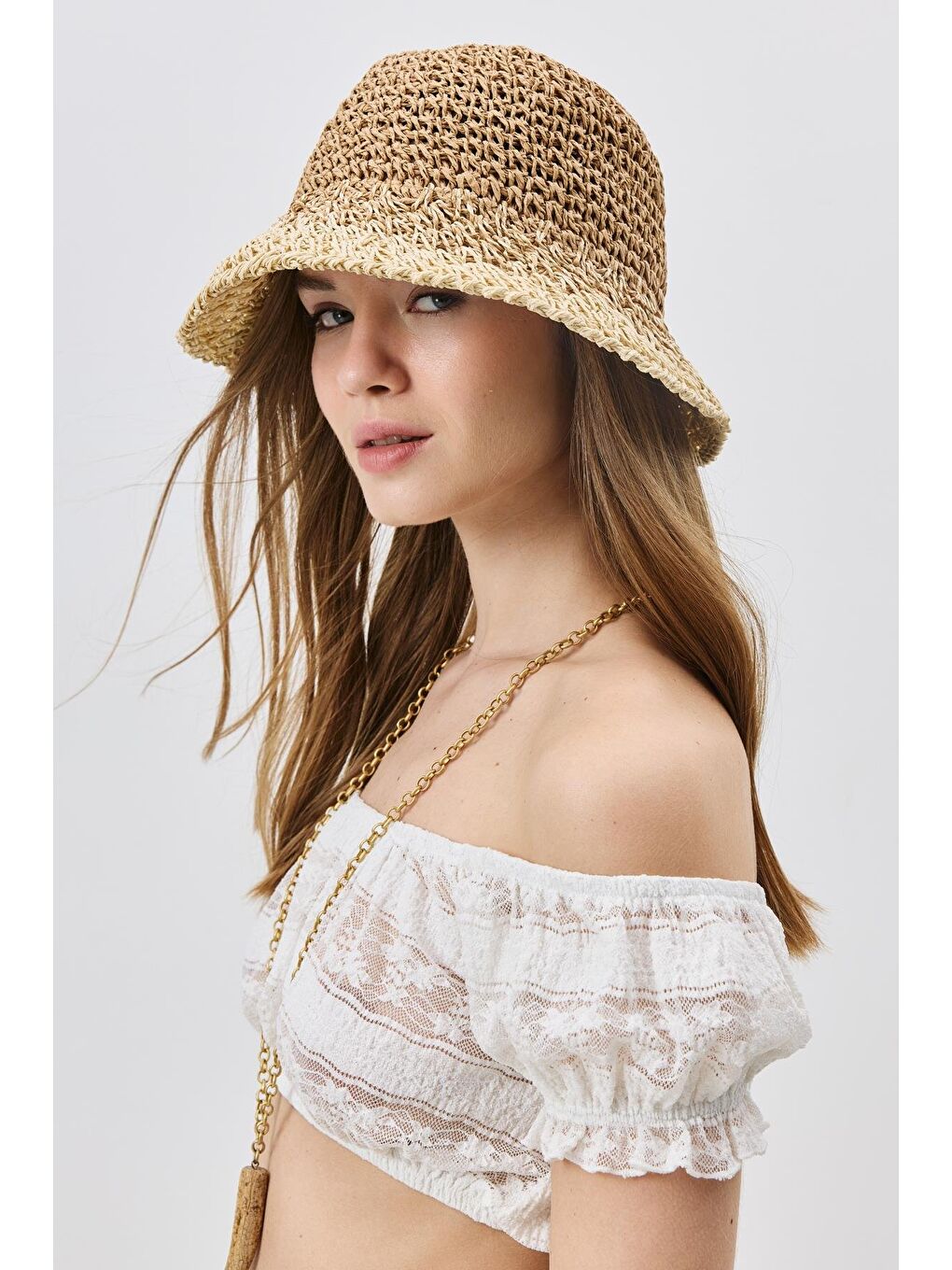 Kahverengi El Örgüsü Hasır Şapka Y8210 Camel