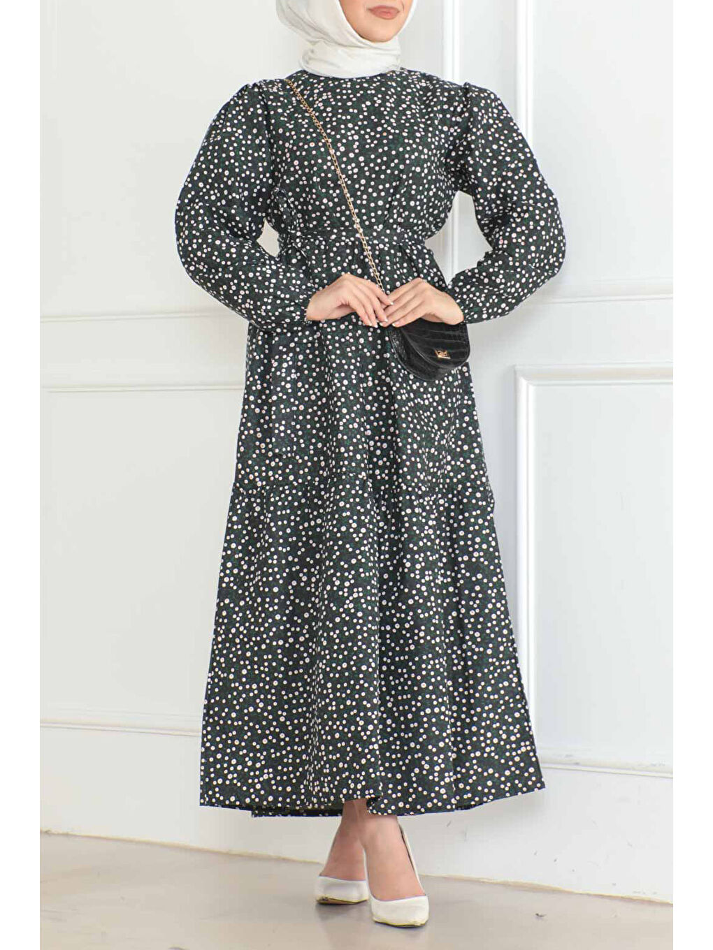 Desenli Kolu Büzgülü Elbise Siyah - 26623-3