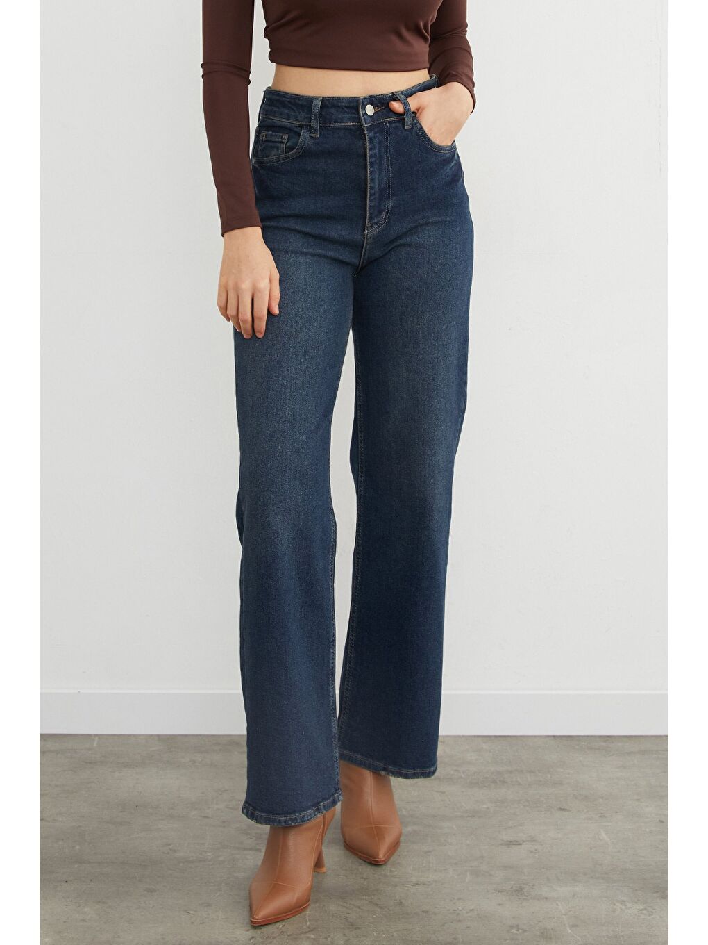 İndigo Yüksek Bel Elastanlı Eskitme Görünümlü Palazzo Jean-1