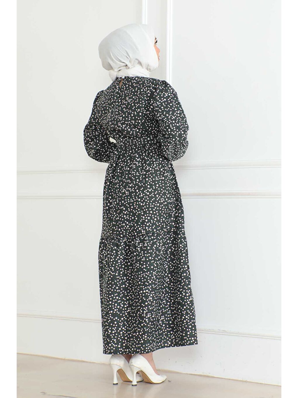 Desenli Kolu Büzgülü Elbise Siyah - 26623-4