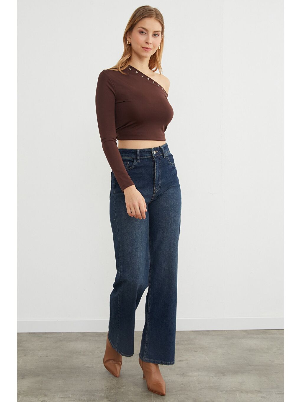 İndigo Yüksek Bel Elastanlı Eskitme Görünümlü Palazzo Jean-2