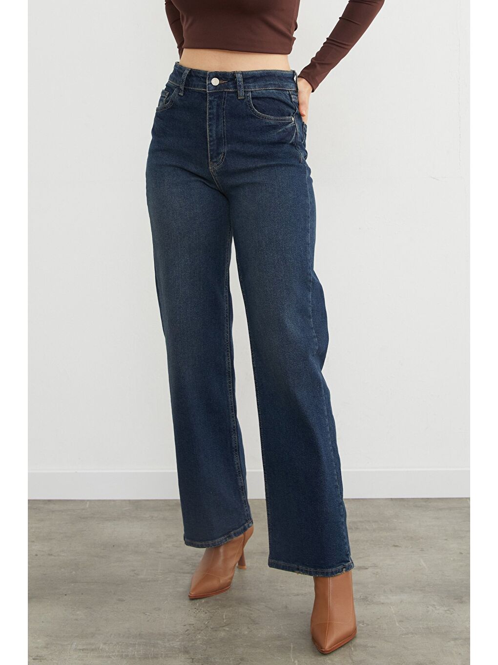 İndigo Yüksek Bel Elastanlı Eskitme Görünümlü Palazzo Jean-3