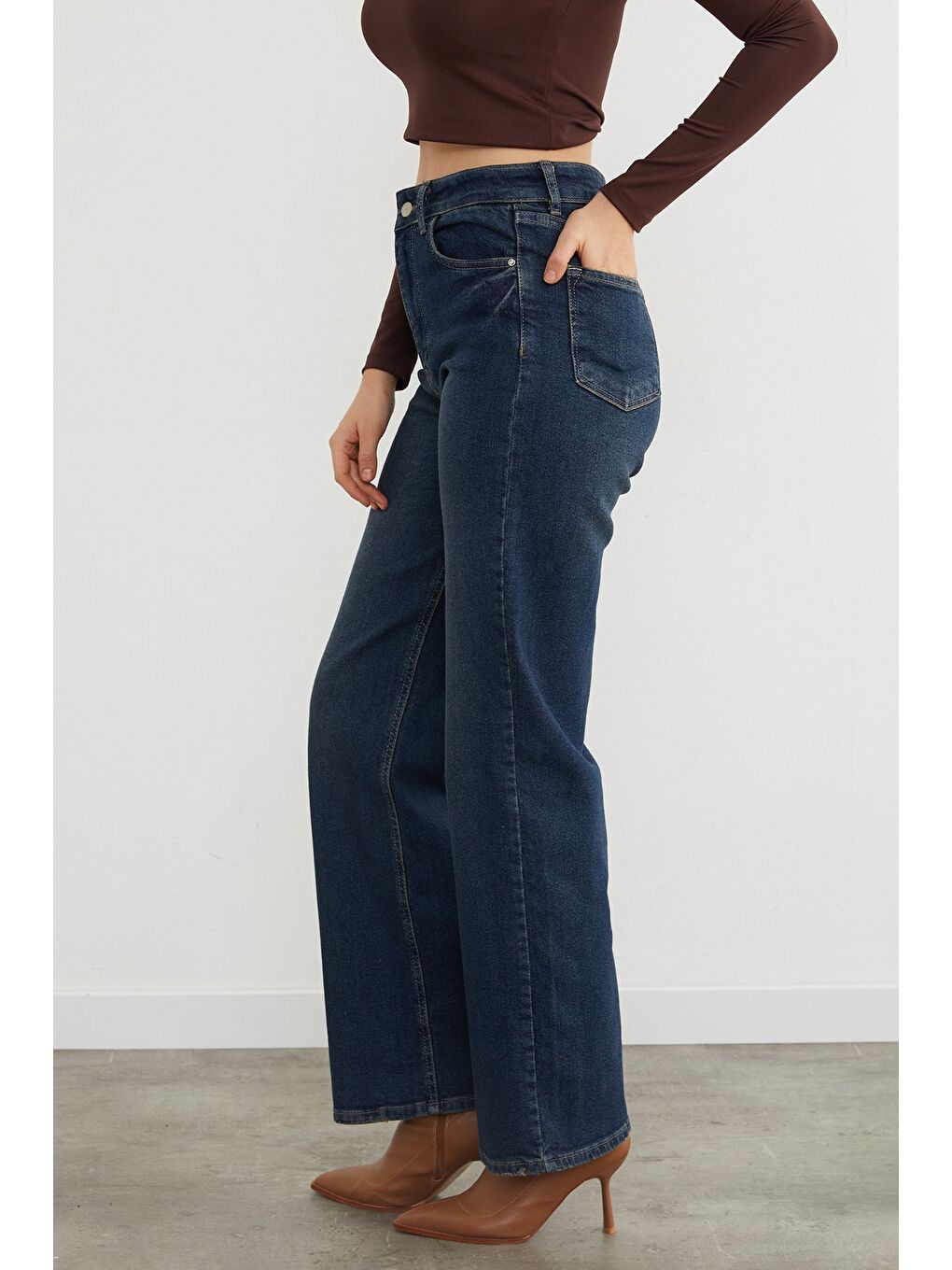 İndigo Yüksek Bel Elastanlı Eskitme Görünümlü Palazzo Jean-4