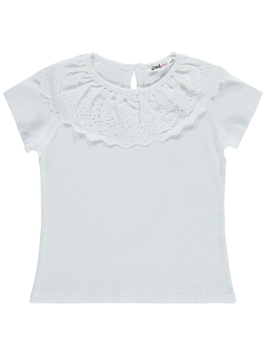 Girls Yakası Fırfırlı 4-9 Yaş Tişört - Kırık Beyaz-1