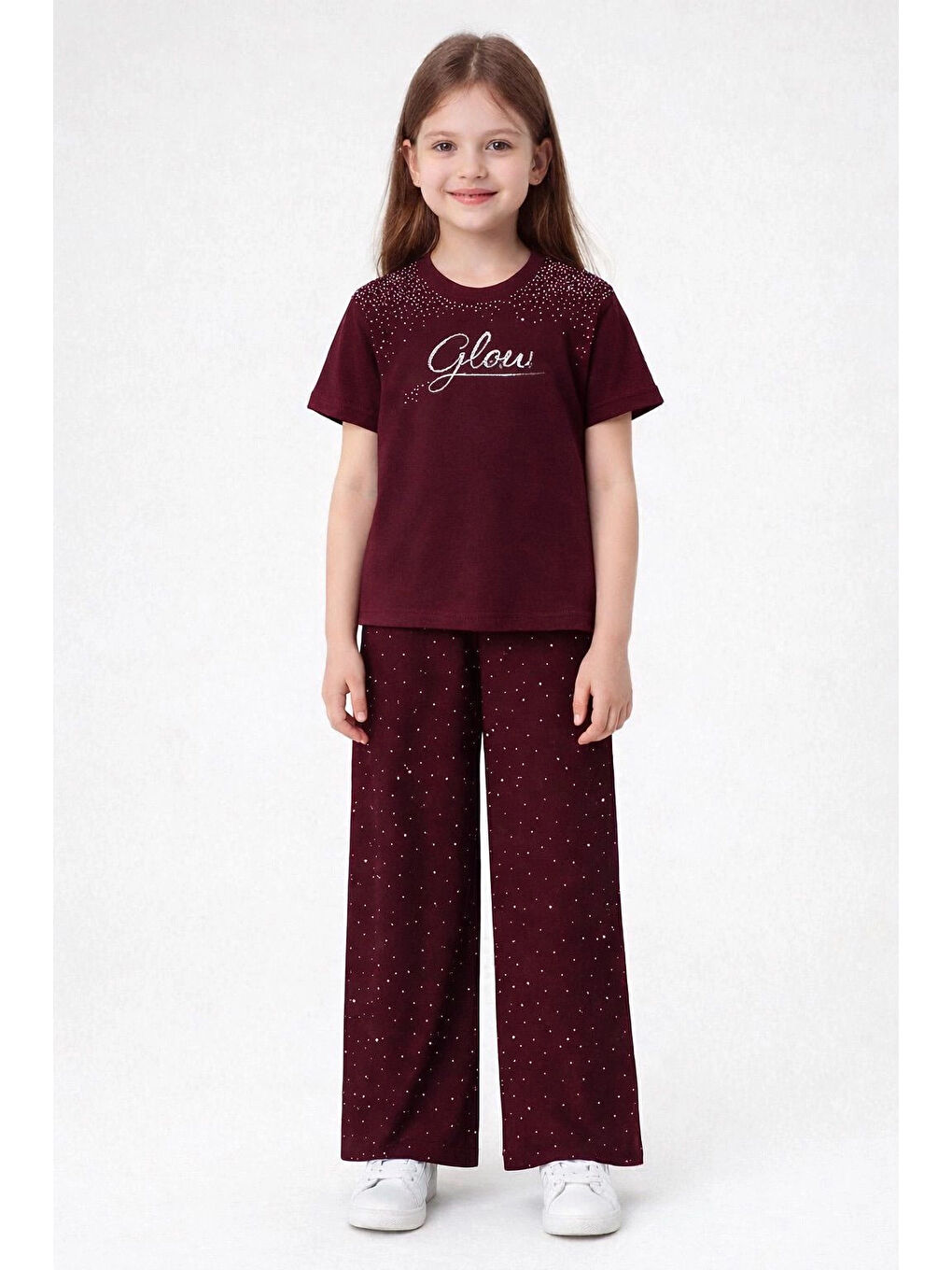 Bordo Glow Taşlı Kız Çocuk Takım 30459-1