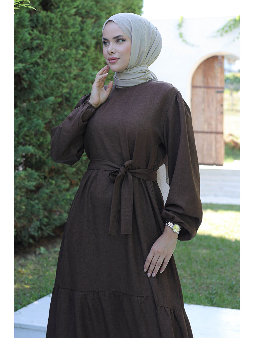 Kahverengi Katlı Elbise Kahve - 26624-2