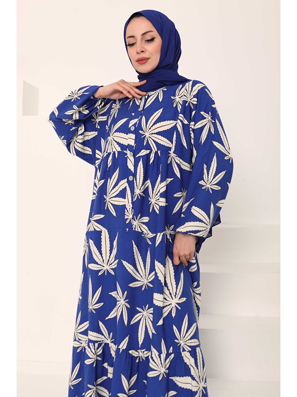 Mavi Desenli Düğmeli Elbise Saks - 27038-1