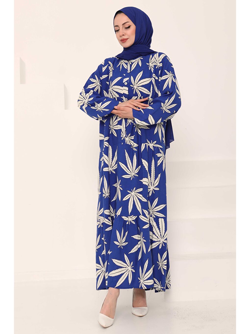 Mavi Desenli Düğmeli Elbise Saks - 27038-2