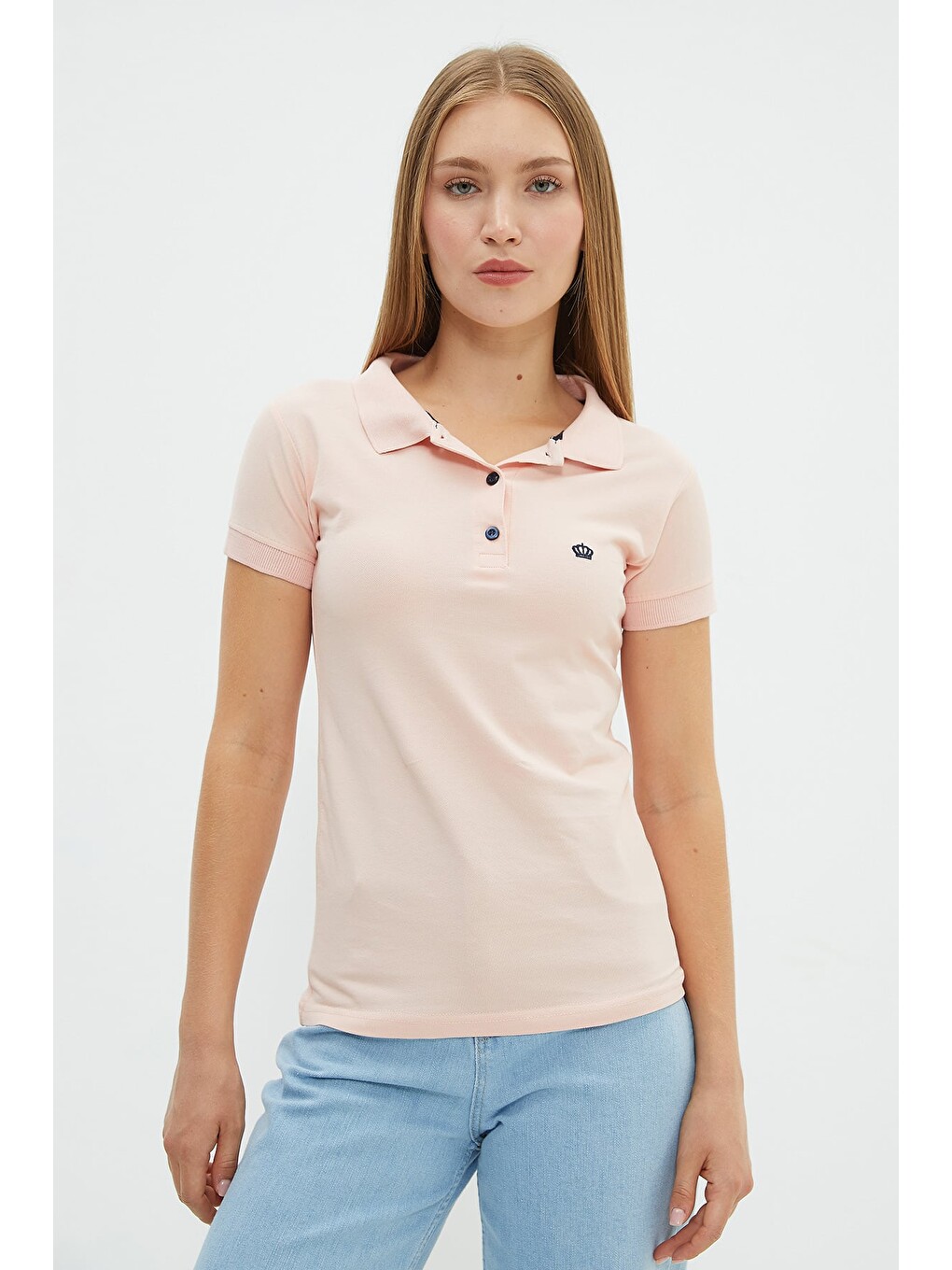 Pembe Nakışlı Polo Yaka Slim Fit Tişört-1