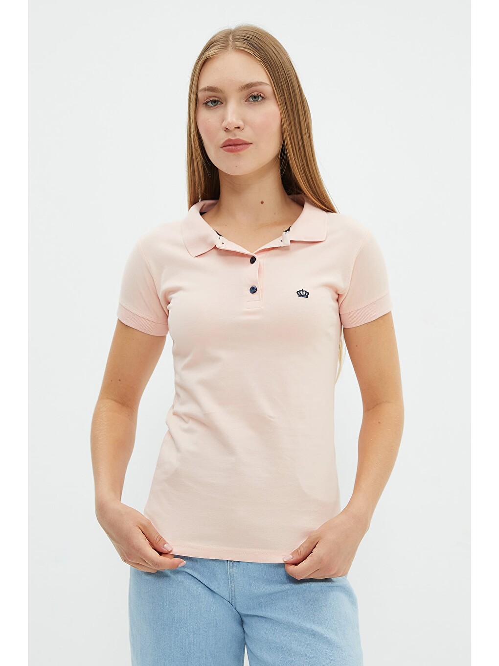 Pembe Nakışlı Polo Yaka Slim Fit Tişört-2