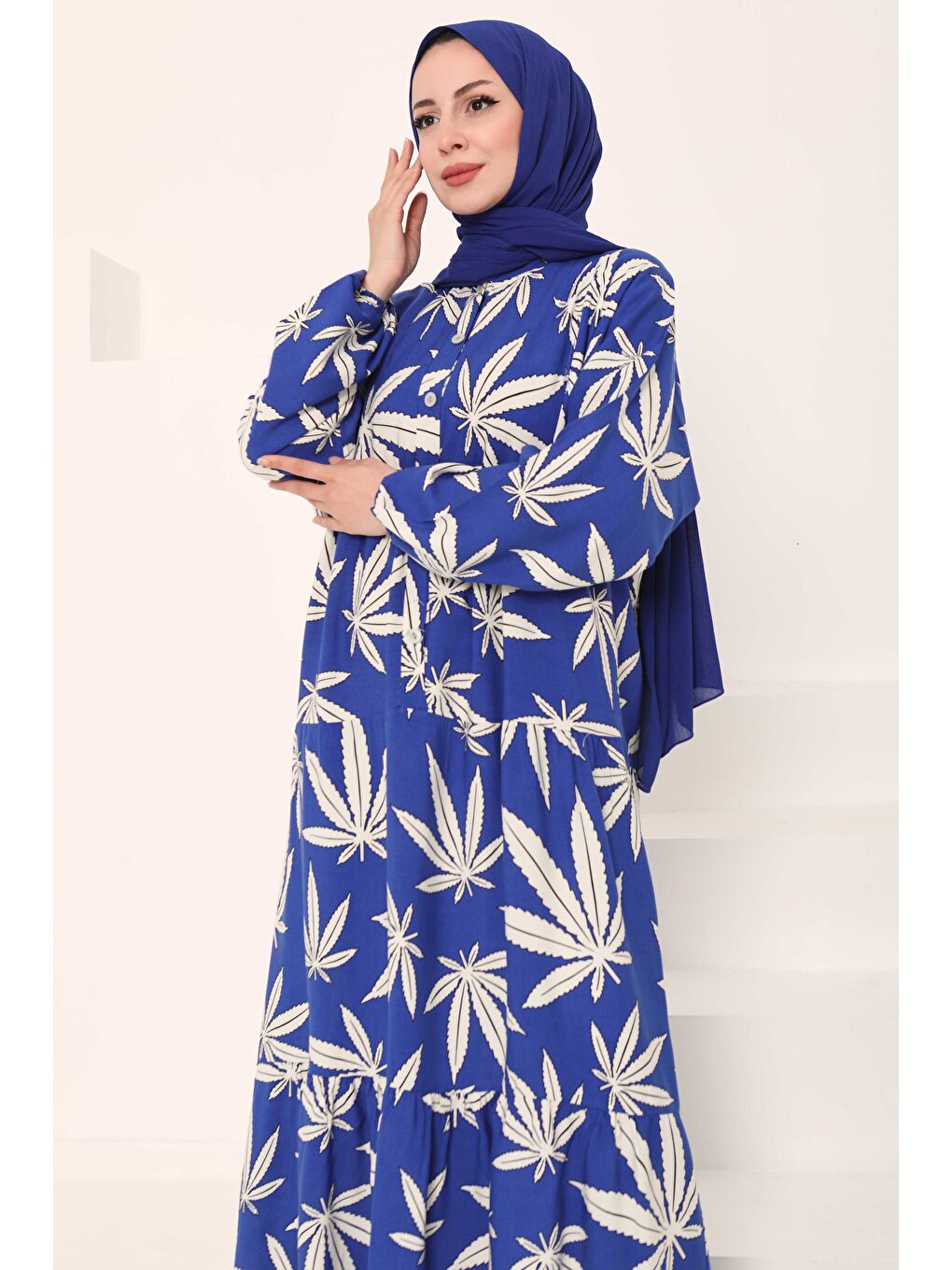 Mavi Desenli Düğmeli Elbise Saks - 27038-3