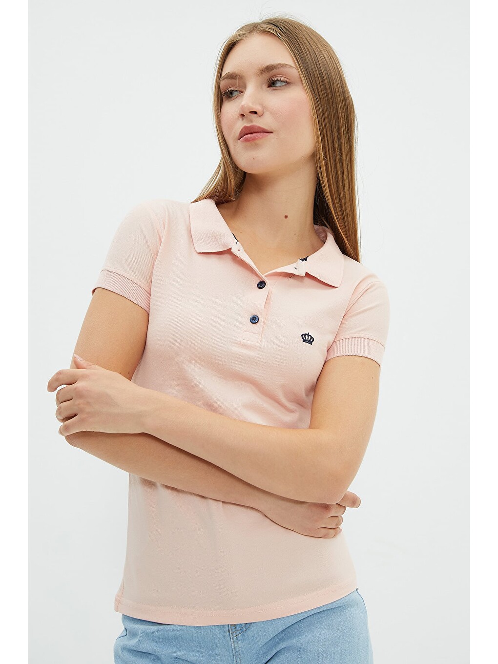 Pembe Nakışlı Polo Yaka Slim Fit Tişört-4