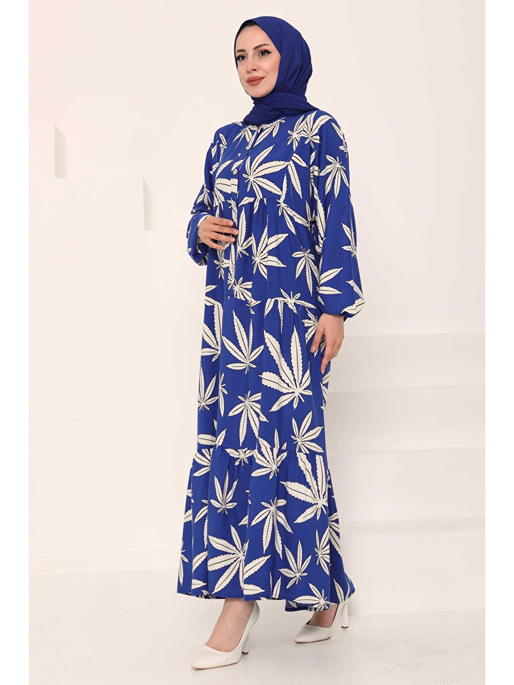 Mavi Desenli Düğmeli Elbise Saks - 27038-4