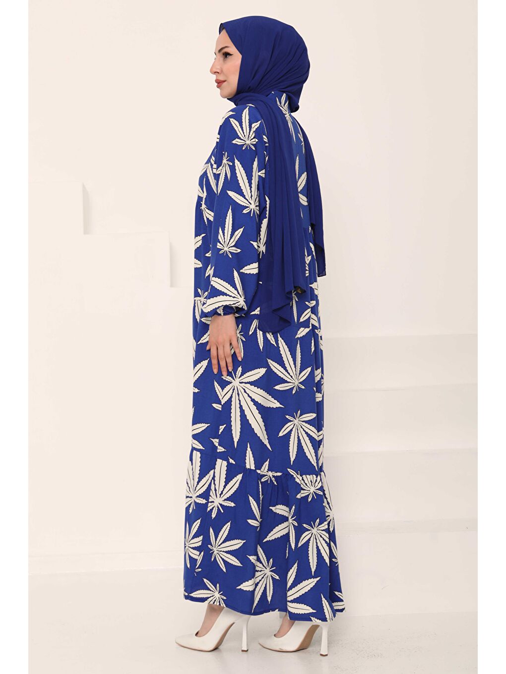 Mavi Desenli Düğmeli Elbise Saks - 27038-5