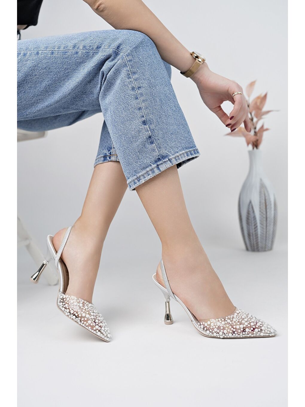 Gri MARGARET Taşlı Sivri Burun Arkası Açık Lastikli Kadın Klasik Topuklu Ayakkabı-2