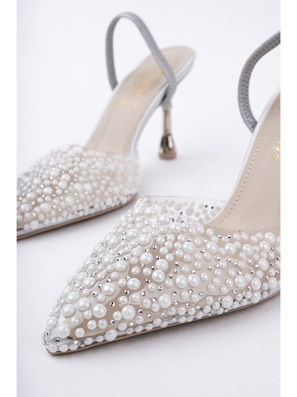 Gri MARGARET Taşlı Sivri Burun Arkası Açık Lastikli Kadın Klasik Topuklu Ayakkabı-6