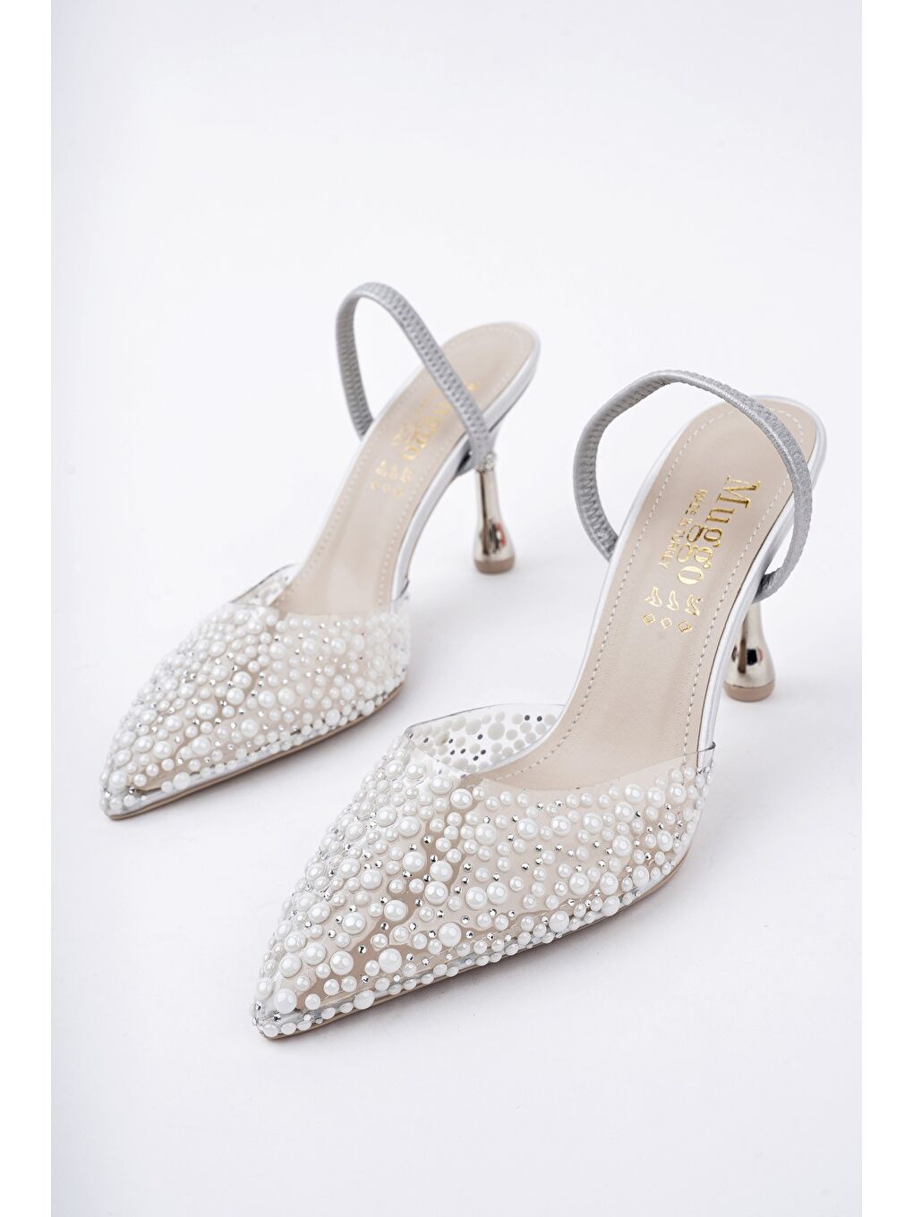 Gri MARGARET Taşlı Sivri Burun Arkası Açık Lastikli Kadın Klasik Topuklu Ayakkabı-8