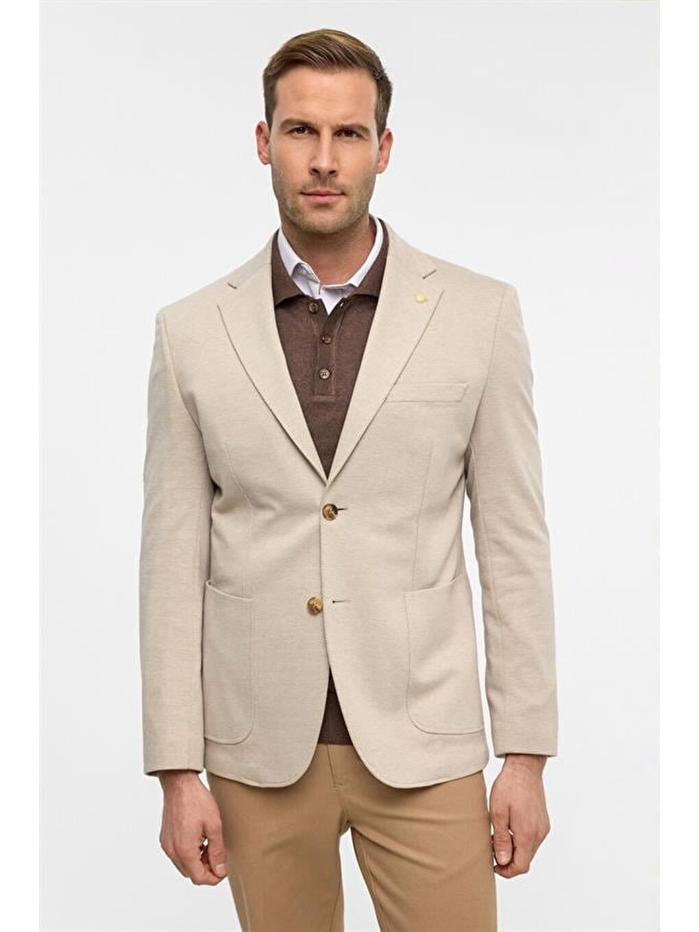 Bej Slim Desenli Mono Yaka 6 Drop Ceket