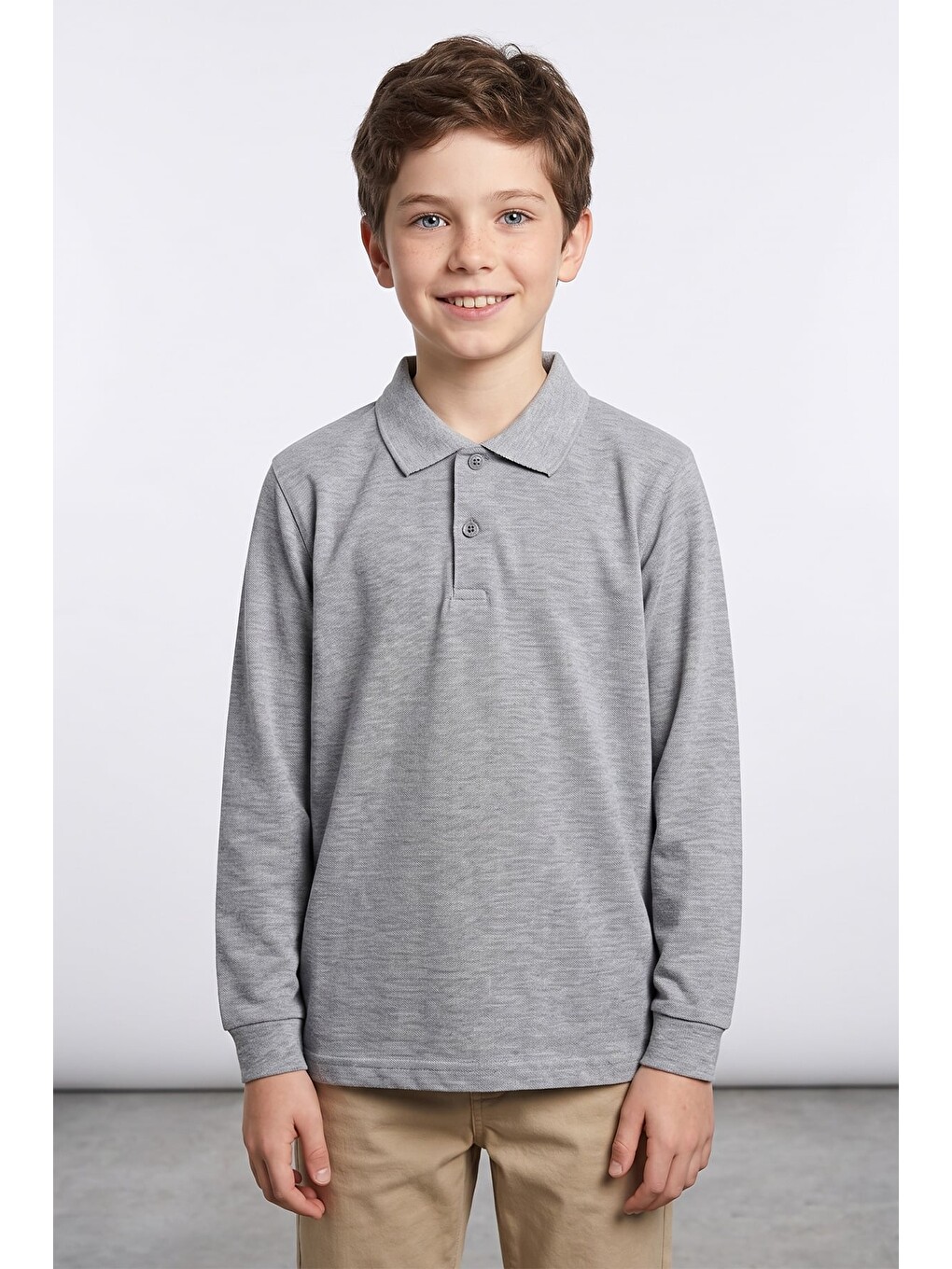 Gri Basic Polo Yaka Uzun Kollu Unisex Çocuk Sweatshirt-1