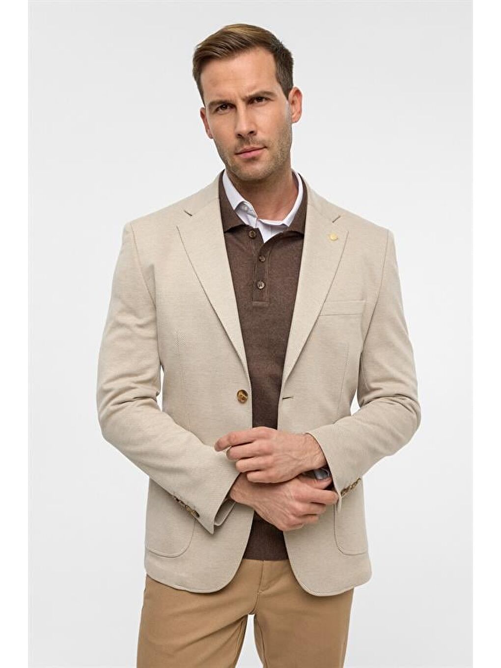 Bej Slim Desenli Mono Yaka 6 Drop Ceket-1