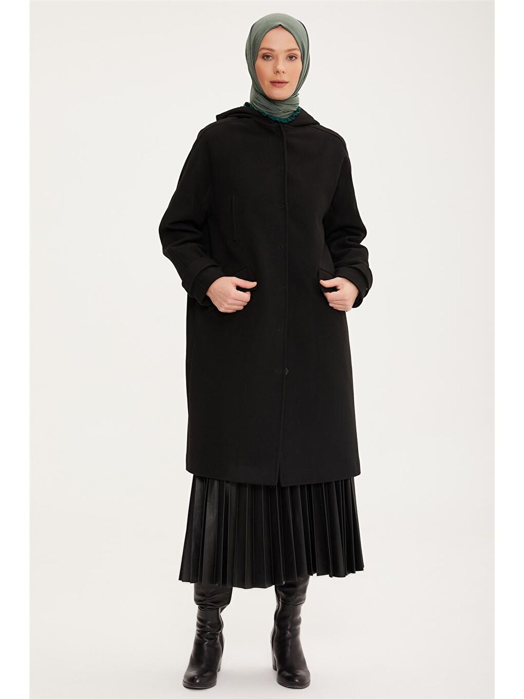 Sarı Kapüşonlu Kaşe Kaban 22K7815-1