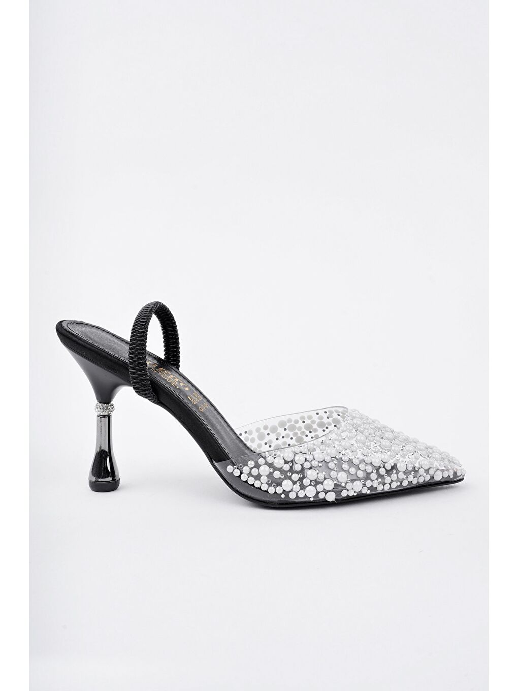 Siyah MARGARET Taşlı Sivri Burun Arkası Açık Lastikli Kadın Klasik Topuklu Ayakkabı-4