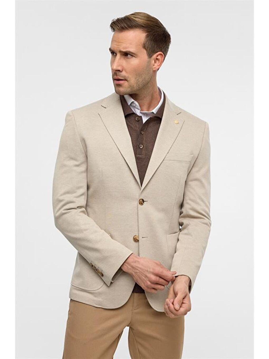 Bej Slim Desenli Mono Yaka 6 Drop Ceket-2