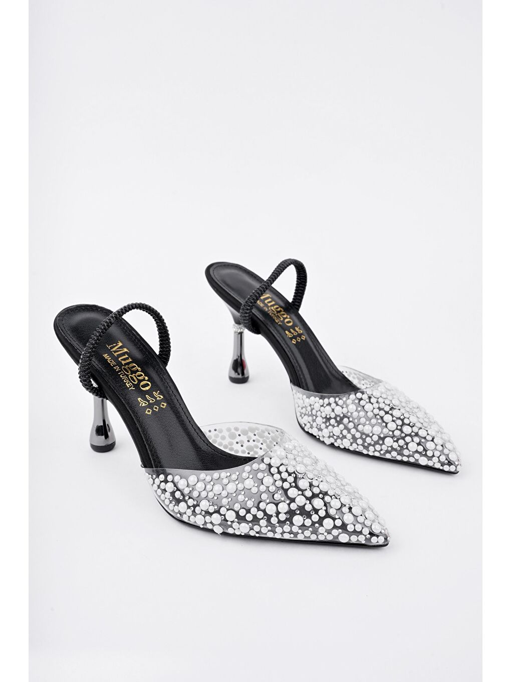 Siyah MARGARET Taşlı Sivri Burun Arkası Açık Lastikli Kadın Klasik Topuklu Ayakkabı-5