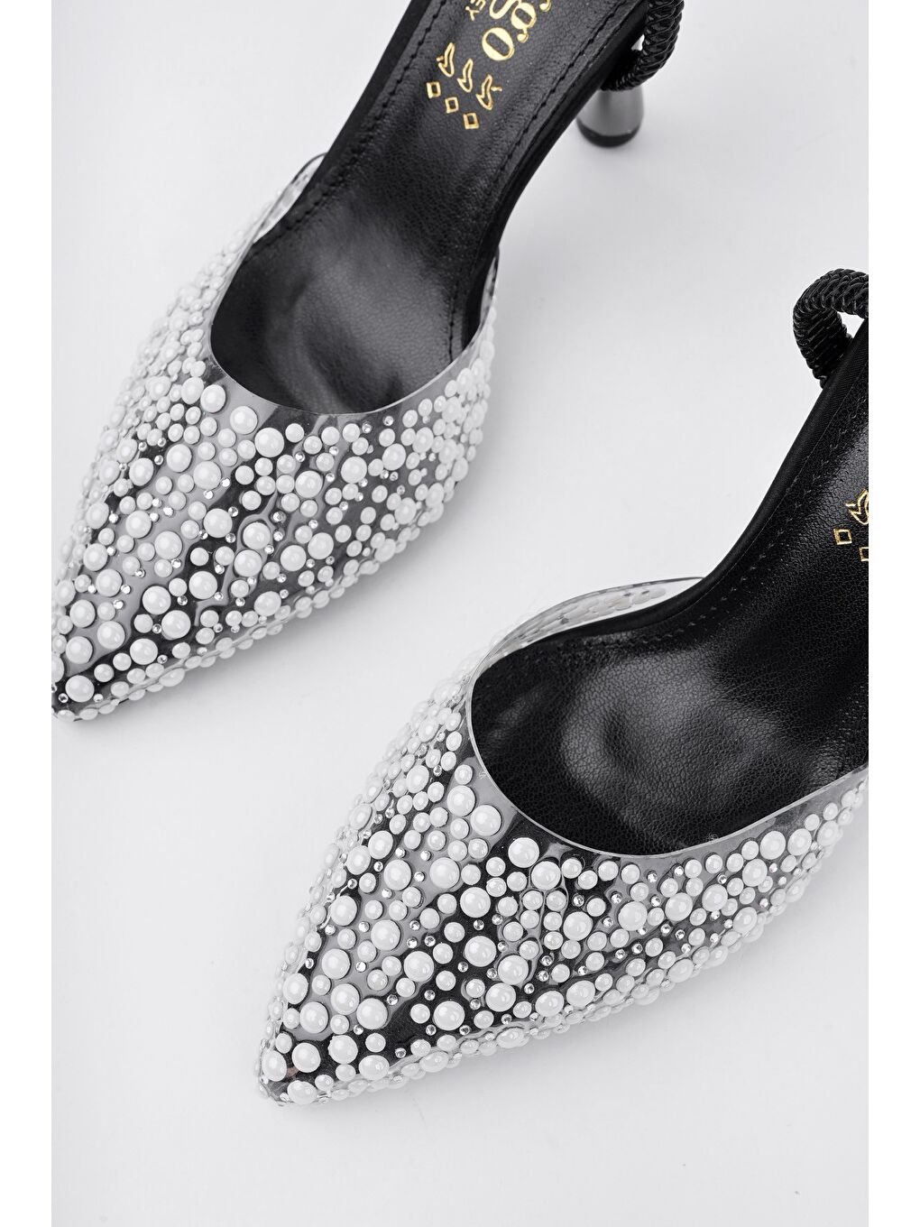 Siyah MARGARET Taşlı Sivri Burun Arkası Açık Lastikli Kadın Klasik Topuklu Ayakkabı-6