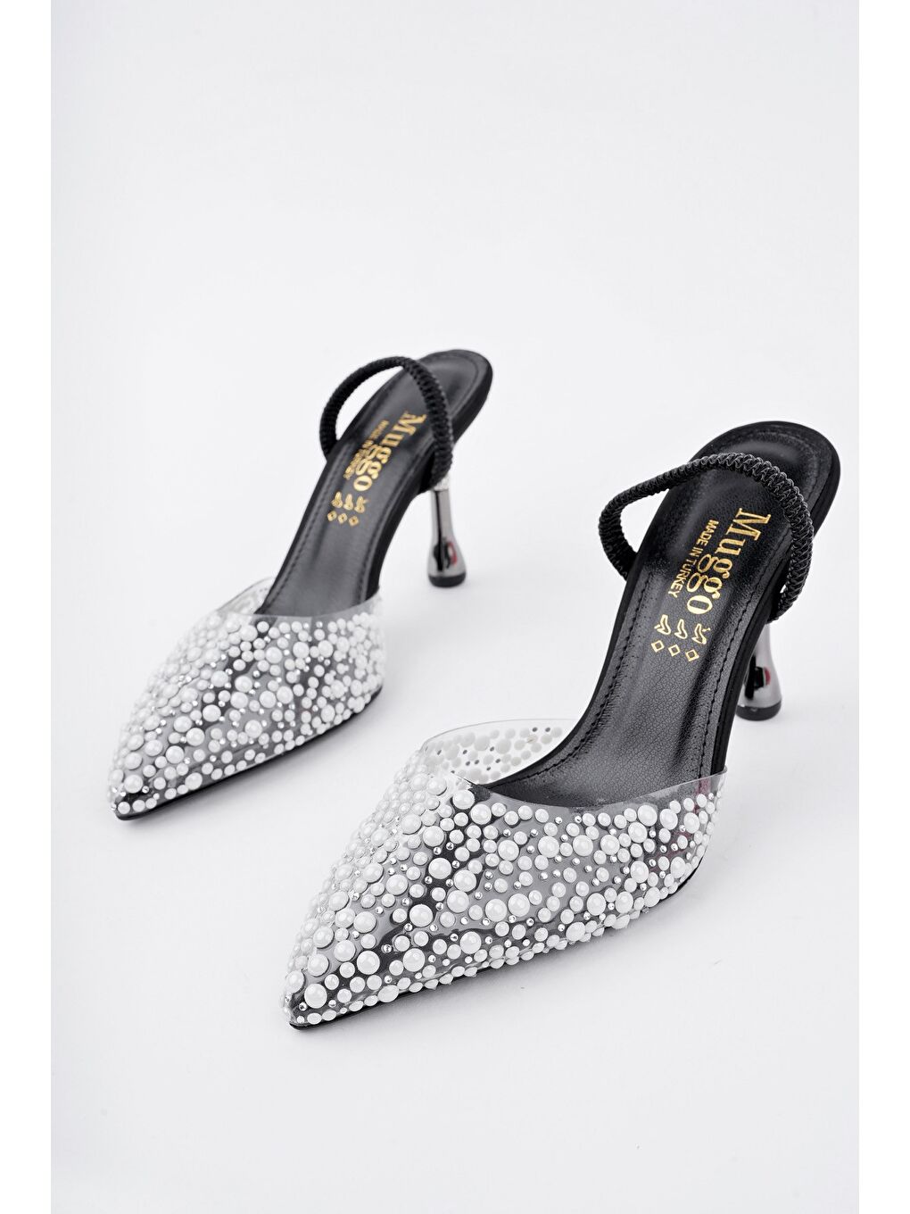 Siyah MARGARET Taşlı Sivri Burun Arkası Açık Lastikli Kadın Klasik Topuklu Ayakkabı-7