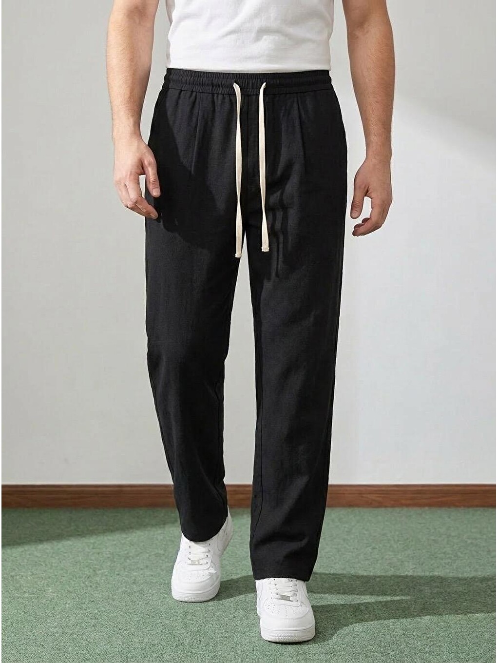Erkek Baggy Kalıp Beli Lastikli %100 Pamuk Keten Görünümlü Pantolon Siyah 1007dngr-1