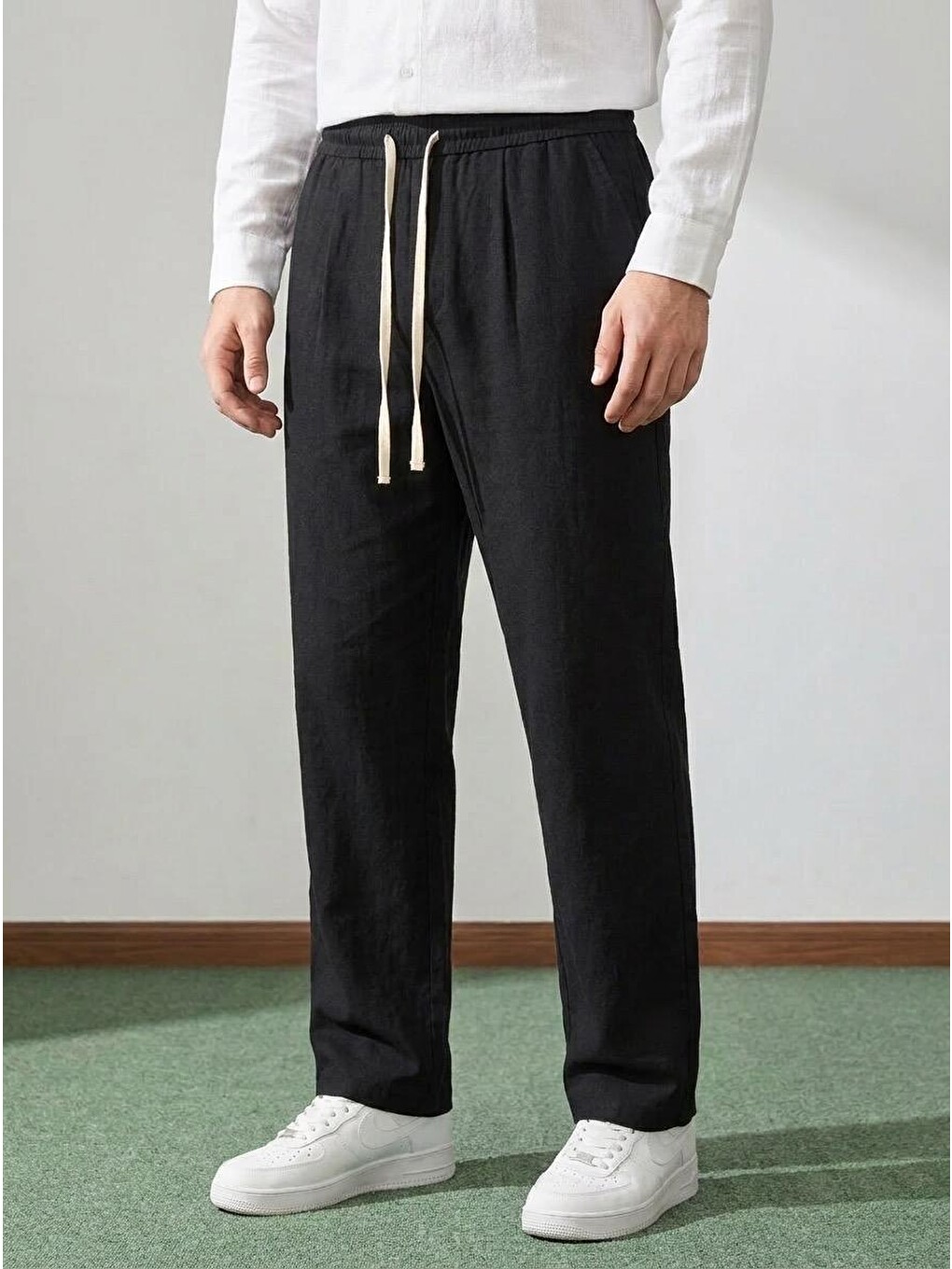Erkek Baggy Kalıp Beli Lastikli %100 Pamuk Keten Görünümlü Pantolon Siyah 1007dngr-2