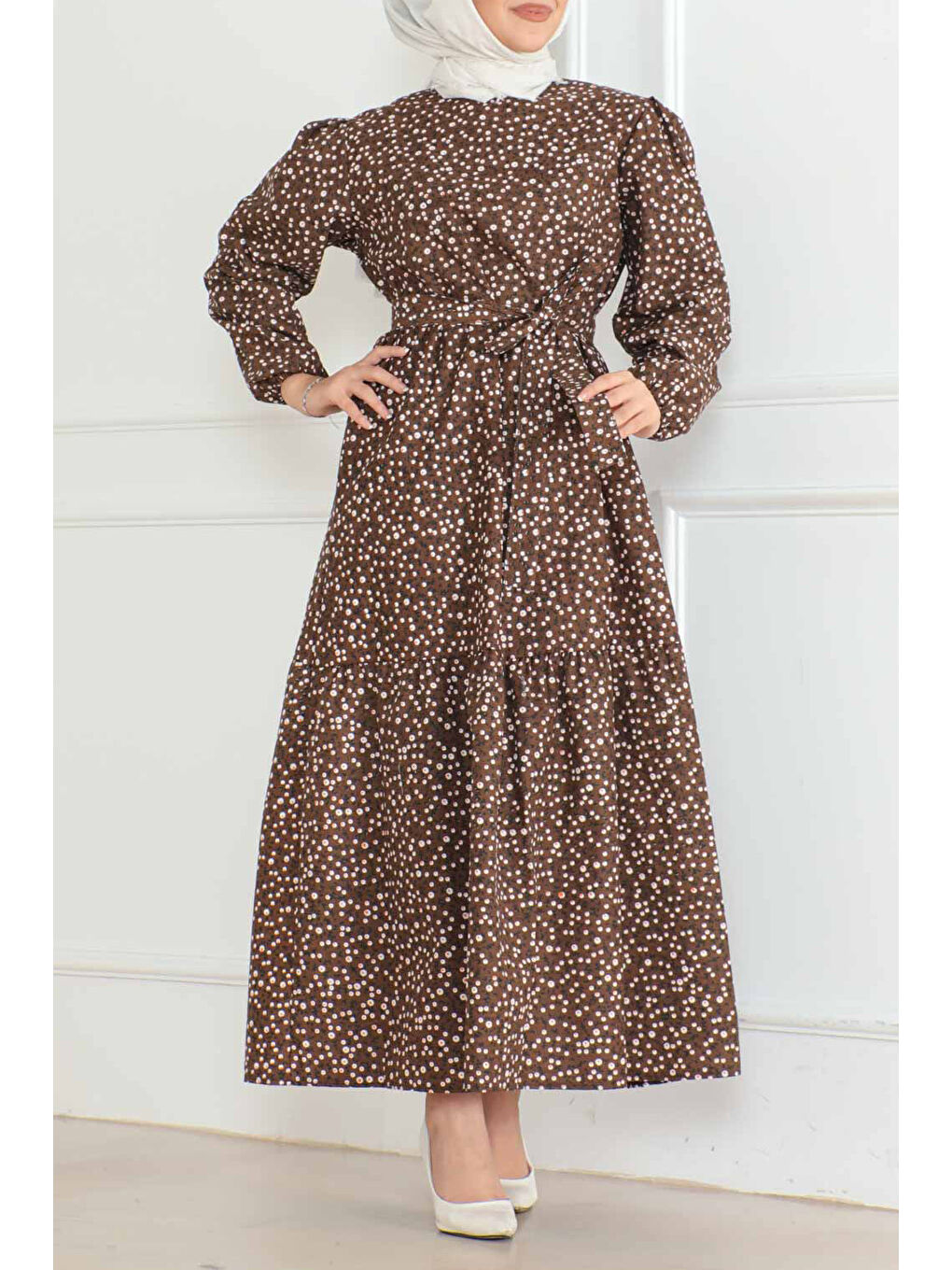 Kahverengi Desenli Kolu Büzgülü Elbise Kahve - 26623
