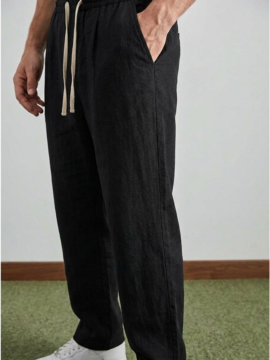 Erkek Baggy Kalıp Beli Lastikli %100 Pamuk Keten Görünümlü Pantolon Siyah 1007dngr-3