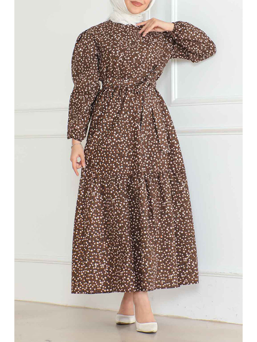 Kahverengi Desenli Kolu Büzgülü Elbise Kahve - 26623-1