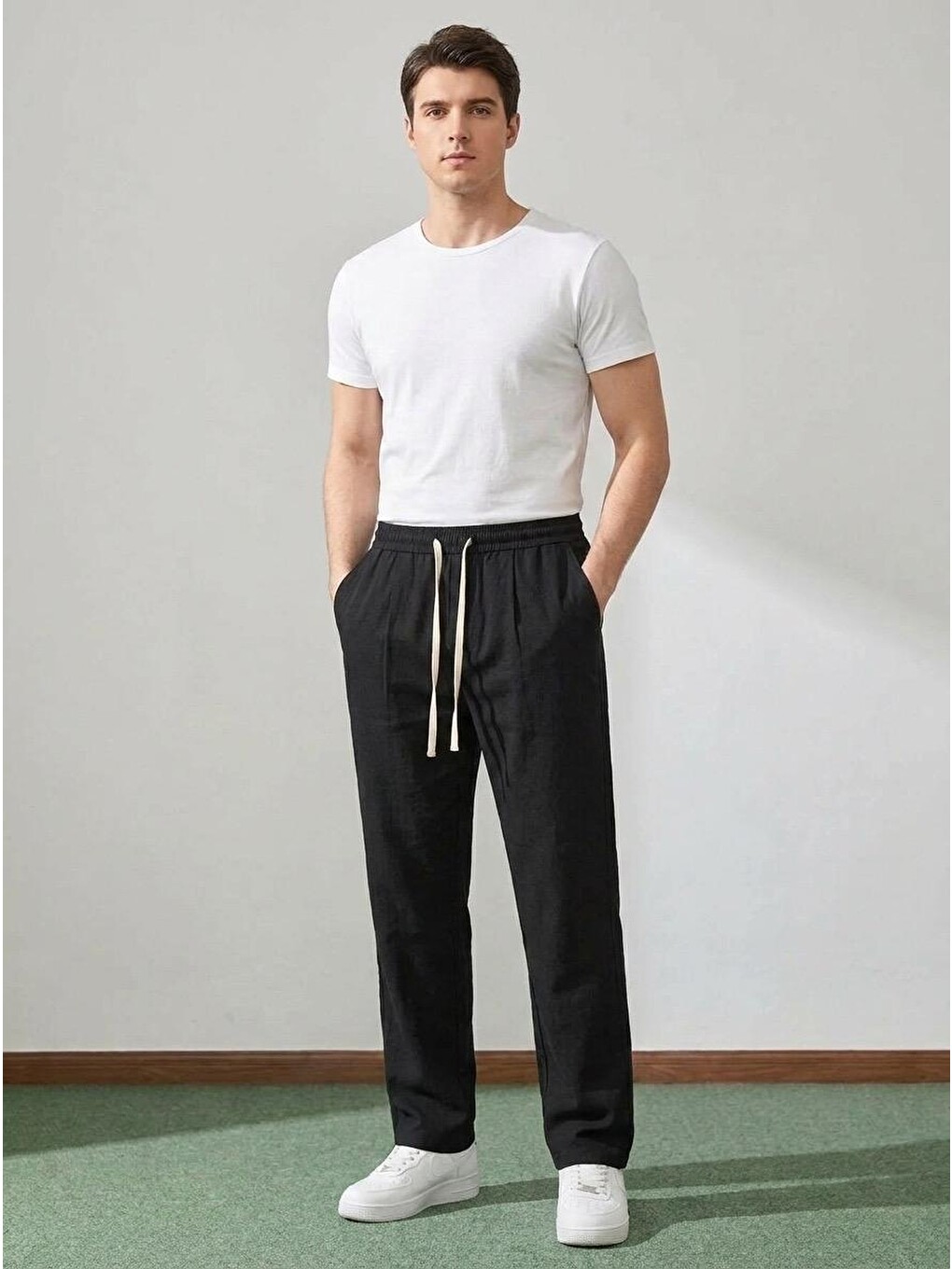 Erkek Baggy Kalıp Beli Lastikli %100 Pamuk Keten Görünümlü Pantolon Siyah 1007dngr-4