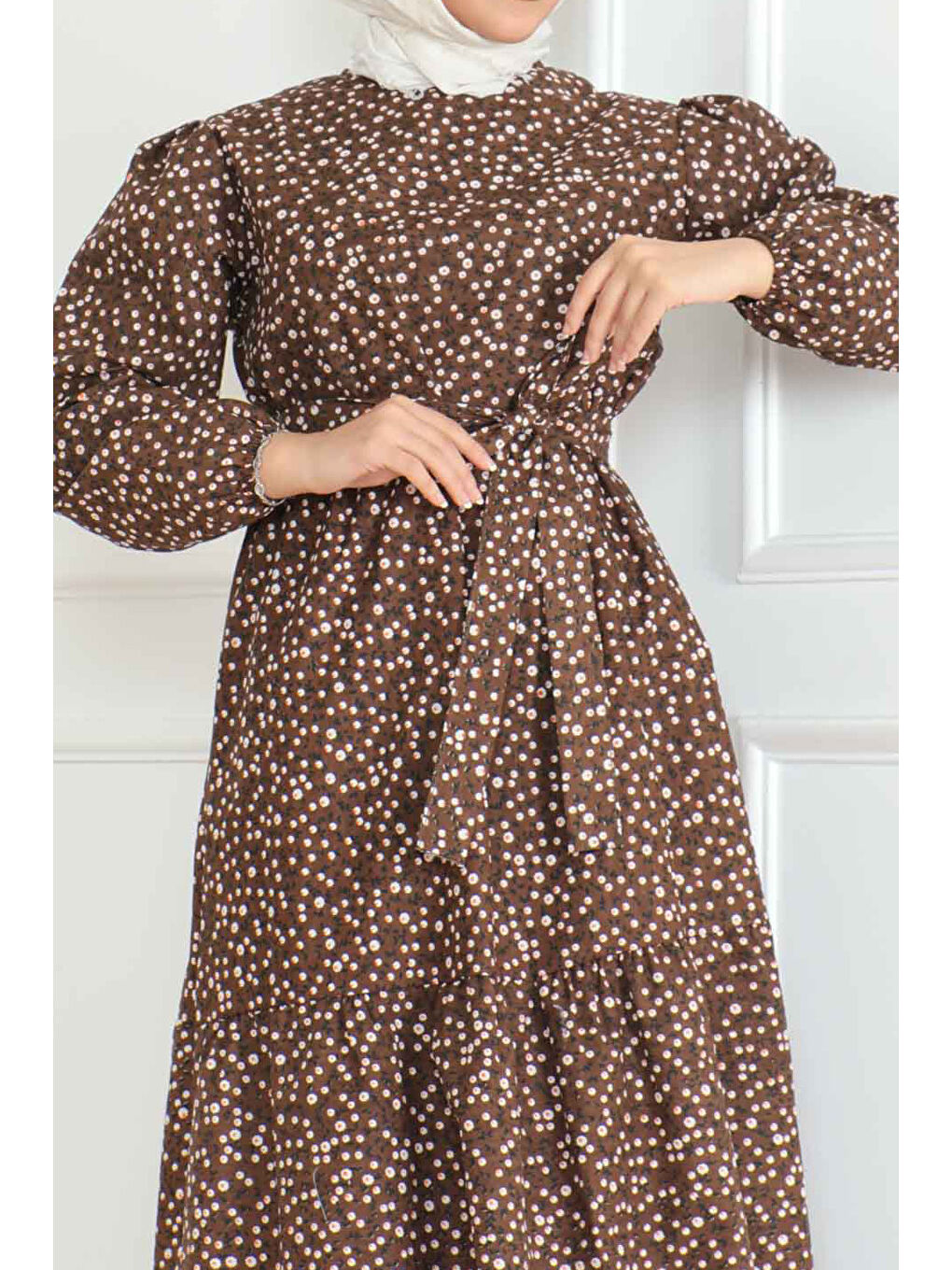 Kahverengi Desenli Kolu Büzgülü Elbise Kahve - 26623-2