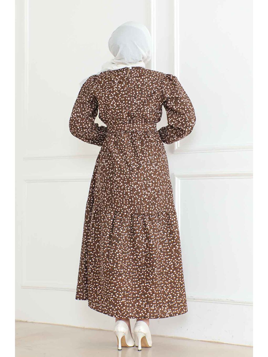 Kahverengi Desenli Kolu Büzgülü Elbise Kahve - 26623-3