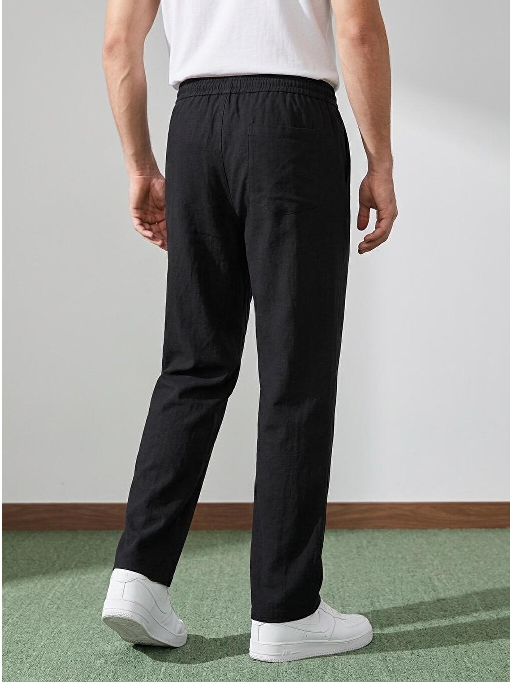 Erkek Baggy Kalıp Beli Lastikli %100 Pamuk Keten Görünümlü Pantolon Siyah 1007dngr-5