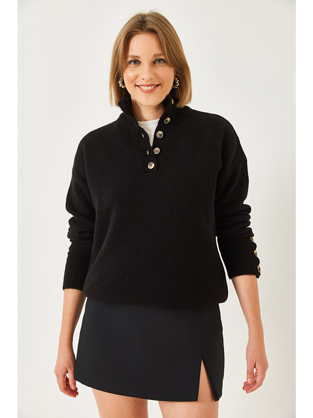 Siyah Kadın Kolu Patlı Triko Kazak-3